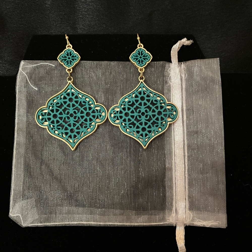 Elegant Gold and Teal Filigree Earrings